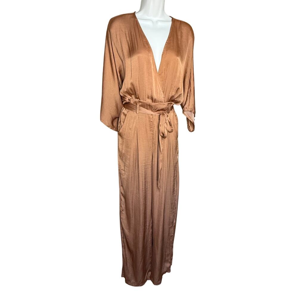 Dress Day Unique Vintage Cognac Brown Satin Belted  Straight Leg Jumpsuit S NWOT